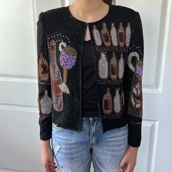 Vtg 80s 90s 🍷 WINE party sequin jacket M perfect for girls night wine tasting - Picture 4 of 11
